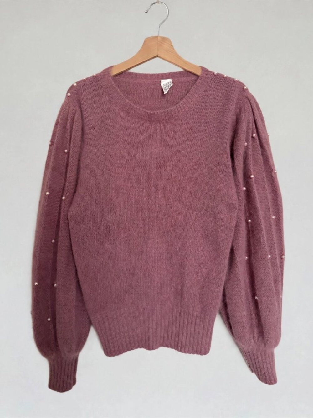 Made in Italy Mauve Pearl Embellished Angora Lambswool Sweater Sz L Quiet Luxury